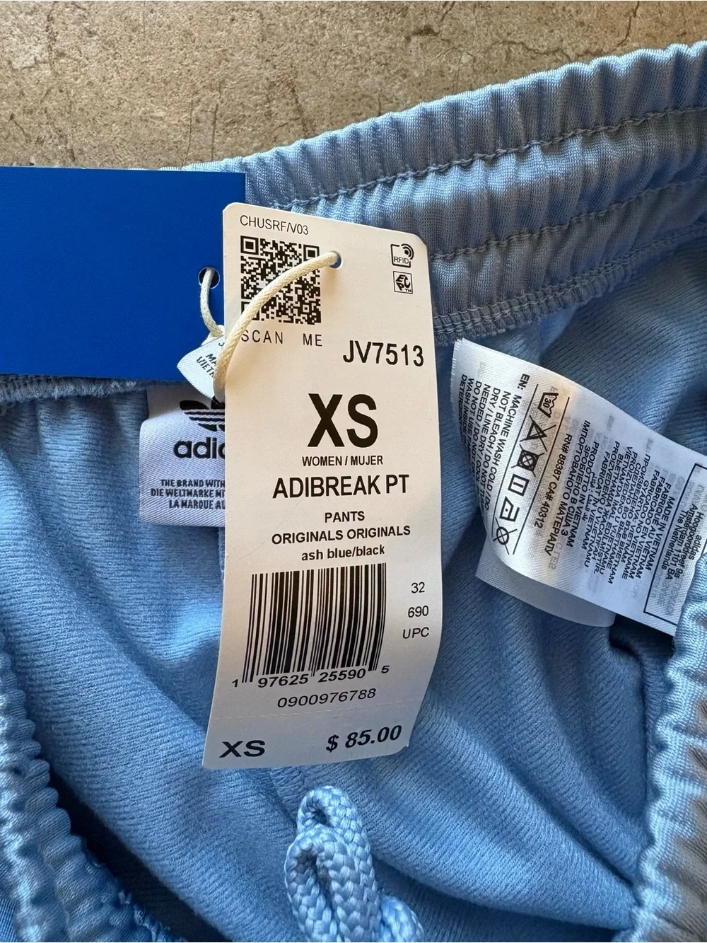 adidas Light Blue Track Pants with White Side Panels and Black Stripes - Picture 5 of 5